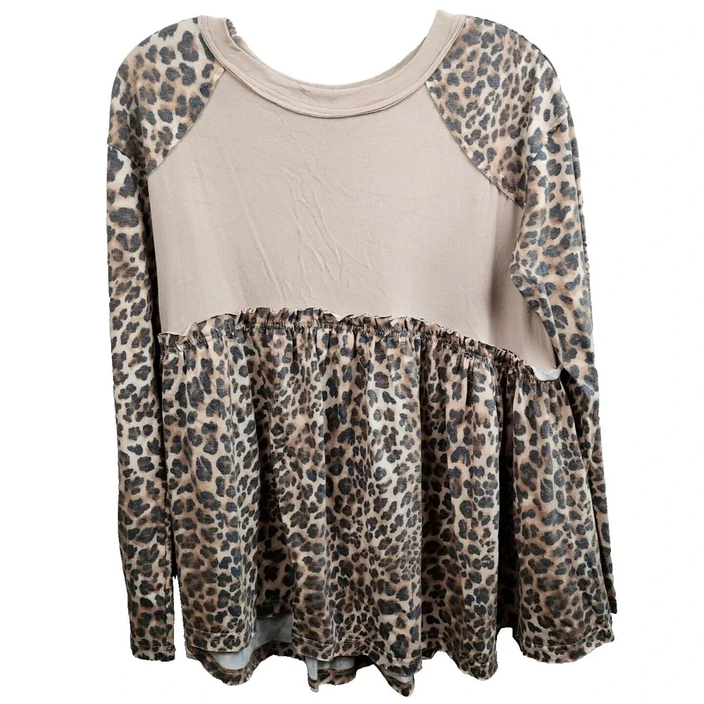 Easel Womens BOHO Babydoll Top Small Tan Brown Animal Print Contrast Long Sleeve